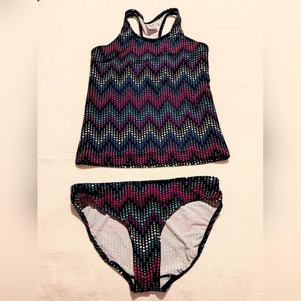 Lands' End girls size 10+ 2 piece racerback top bathing suit Dot design EUC
